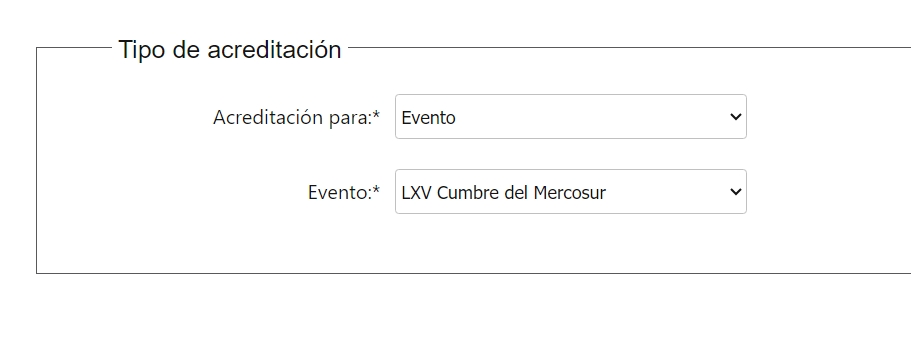 Sección en “Tipo de Acreditación” de la opcion “Acreditación para: Evento” y “Evento: LXV Cumbre del Mercosur”