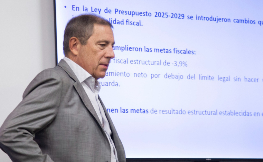 Ministro de Economía y Finanzas, Gabriel Oddone, camina por delante de un pizarrón en el que se lee la frase "en 2025 se
