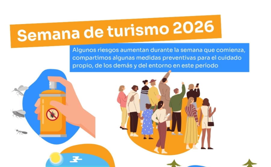 Gráfico que contiene la leyenda "Semana de Turismo 2026" y dibujos de un concentración de personas y un repelente de mos