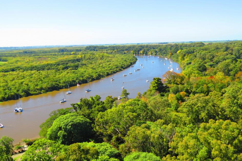 Vista aérea del Río San Juan, montes y praderas costeras