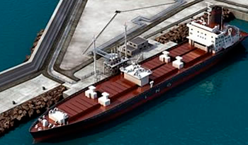 Maqueta de barco operando en terminal regasificadora Maqueta de barco operando en terminal regasificadora