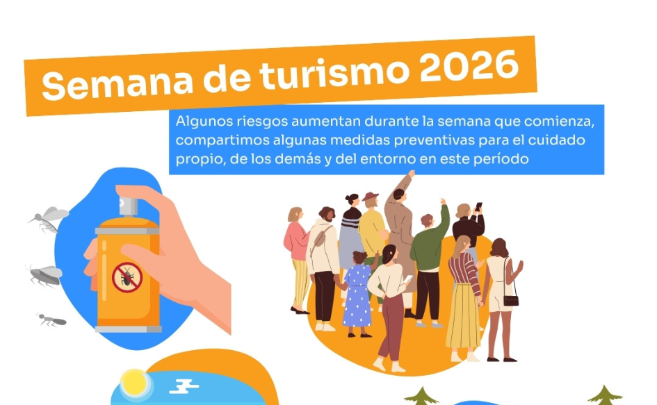 Gráfico que contiene la leyenda "Semana de Turismo 2026" y dibujos de un concentración de personas y un repelente de mosquitos