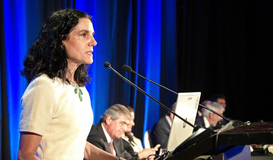 Ministra de Economía y Finanzas, Azucena Arbeleche, durante su exposición en ADM