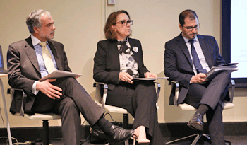 Subsecretario de Relaciones Exteriores, José Luis Cancela, secretaria general Iberoamericana, Rebeca Grynspan, y prosecretario Juan Andrés Roballo