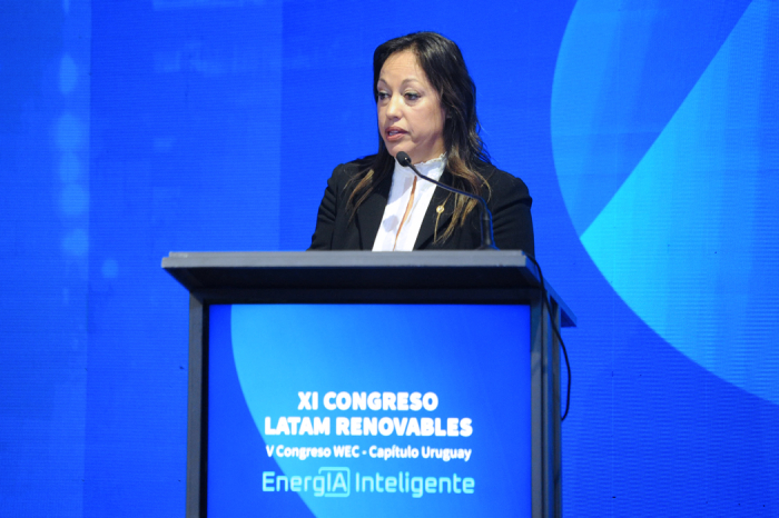 Ministra de Industria diserta en atril con micrófono en escenario del auditorio del LATU.