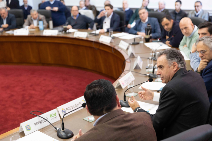 Presidente Orsi diserta de espaldas con micrófono en mesa junto a integrantes del congreso.