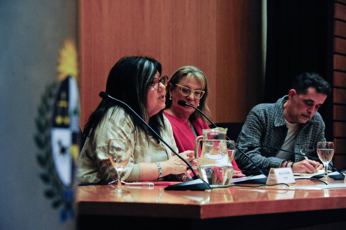 Diputada del Frente Amplio diserta, sentada en mesa con micrófono