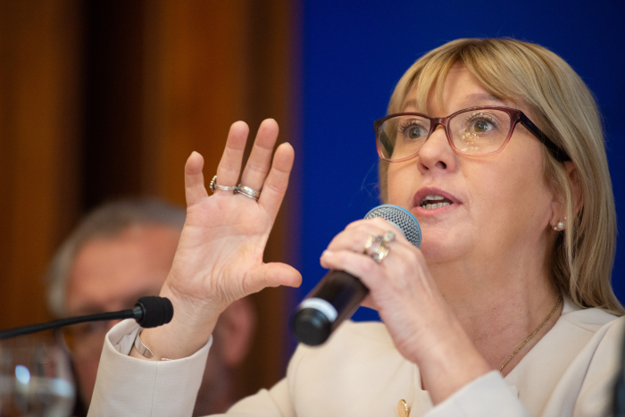 Ministra de Salud Pública diserta sentada en mesa con micrófono en el salón de actos del ministerio.