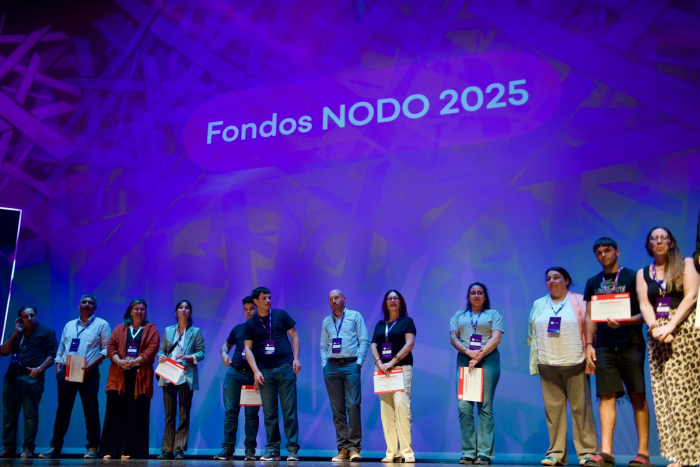 Varios participantes de pie en el escenario con diplomas en sus manos miran hacia adelante. 