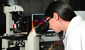 Investigadora utiliza microscopio