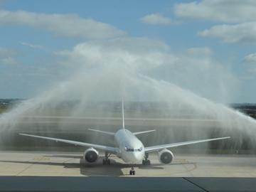 Bautismo de Avión Boeing 777-200 de Air France al llegar al Aeropuerto de Carrasco