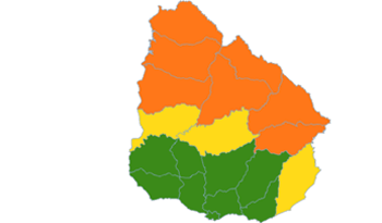 Mapa del Uruguay con señalización de los departamentos afectados por la alerta naranja