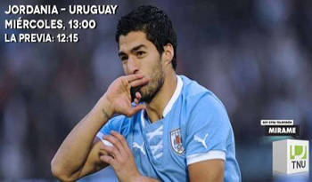 Afiche publicitario de la transmisión del encuentro de fútbol Uruguay-Jordania por TNU Afiche publicitario de la transmisión del encuentro de fútbol Uruguay-Jordania por TNU