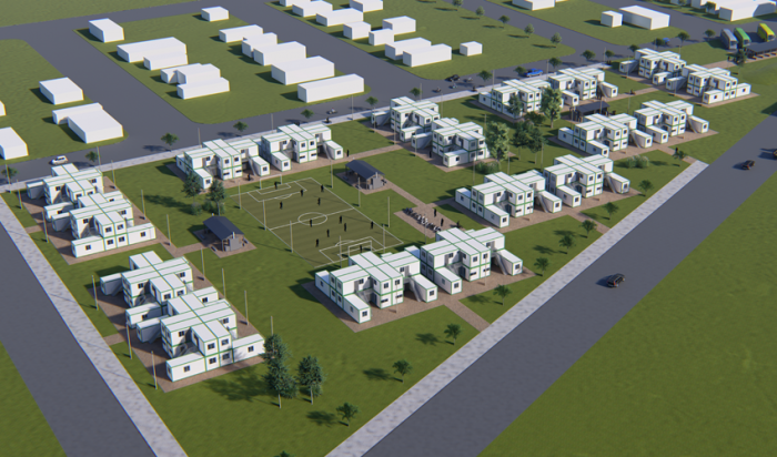 Ilustración digital de las casas que alojarán a quienes construirán UPM II