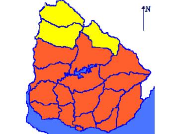 Mapa de Uruguay con niveles de advertencia por zona