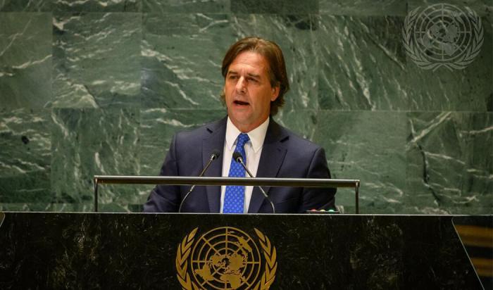 Presidente Luis Lacalle Pou durante su oratoria en la 79.ª Sesión de la Asamblea General de las Naciones Unidas