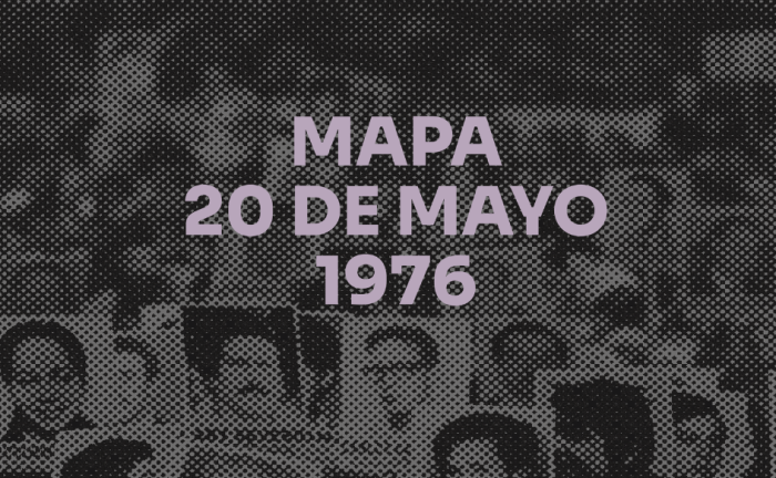 Carteles con fotos de los detenidos desaparecidos. Al frente la leyenda "Mapa 20 de mayo 1976"