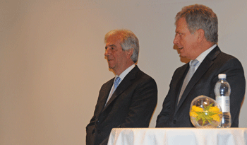 Los presidentes de Uruguay y de Finlandia en recepcción de este lunes