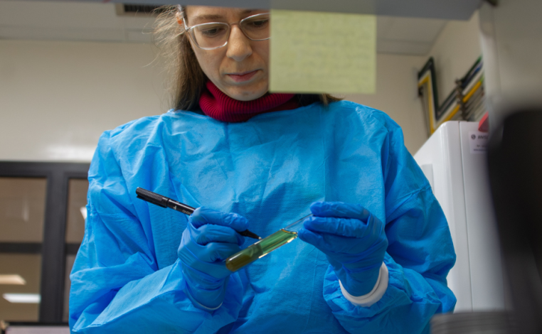 Científica, con túnica y guantes, escribe en un tubo de ensayo