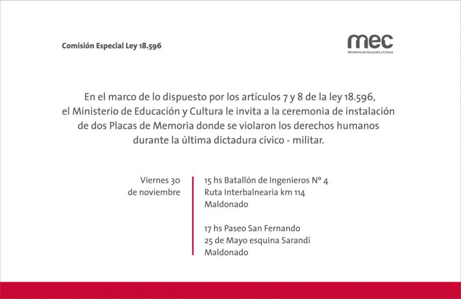 Invitación a la instalación de dos placas de memoria en Maldonado. Invitación a la instalación de dos placas de memoria en Maldonado.