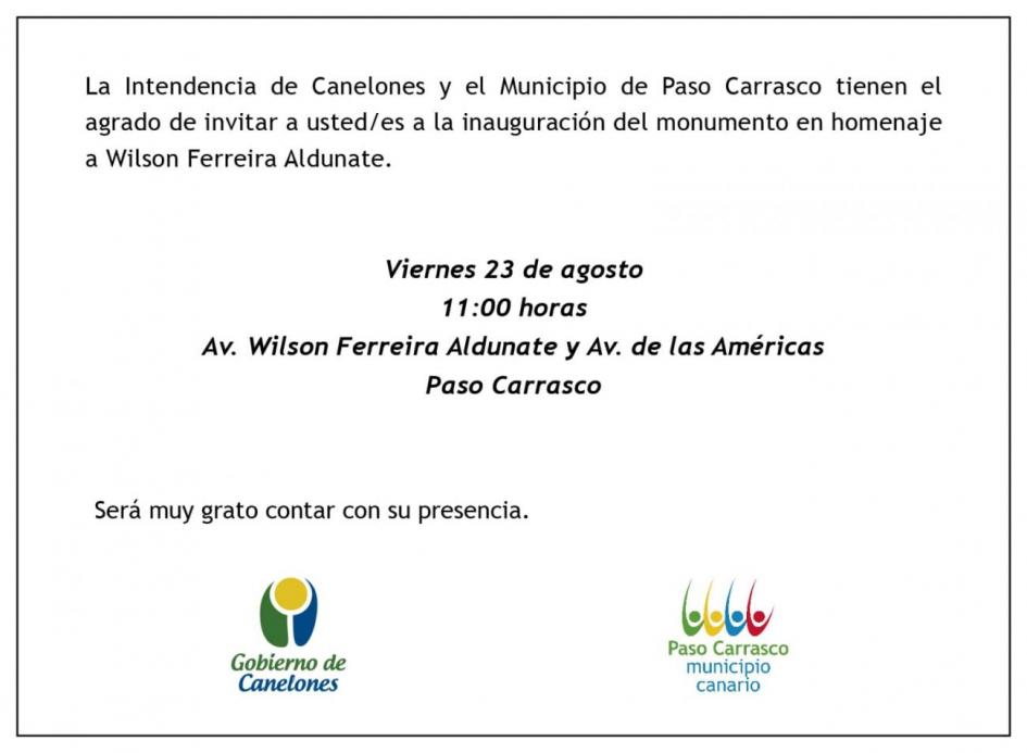 Invitación inauguración de monumento a Wilson Ferreira Aldunante Invitación inauguración de monumento a Wilson Ferreira Aldunante
