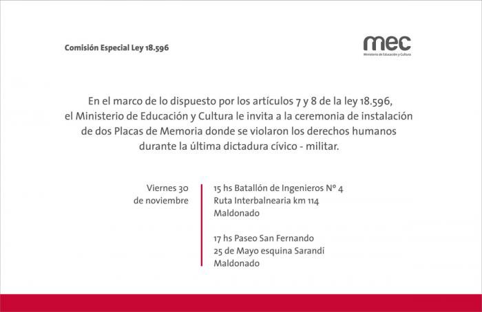 Invitación a la instalación de dos placas de memoria en Maldonado. Invitación a la instalación de dos placas de memoria en Maldonado.