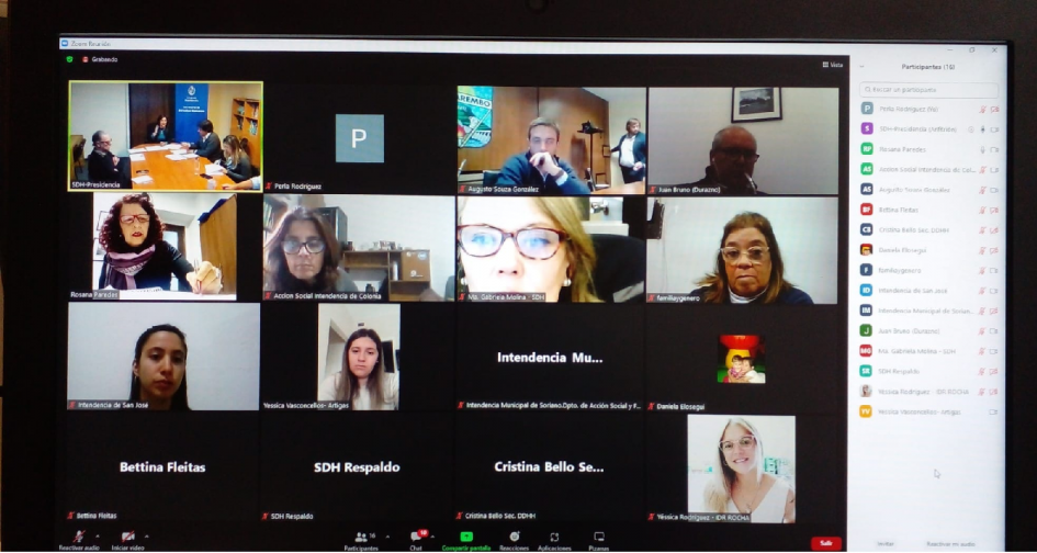Captura de pantalla de Zoom entre las Intendencias Departamentales y el equipo de la Secretaría