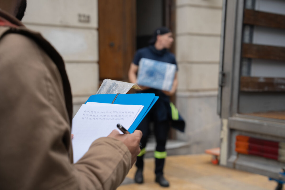 Se registra la salida de cajas durante el traslado de archivos. Una persona anota datos en una planilla mientras un operario transporta una caja.