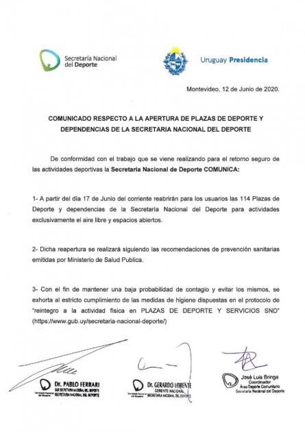 Comunicado sobre reapertura de Plazas de Deporte