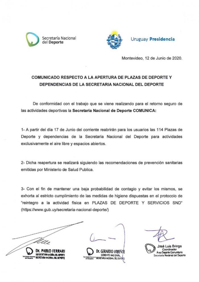 Comunicado sobre reapertura de Plazas de Deporte
