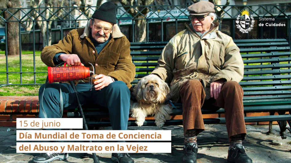 Día Mundial de Toma de Conciencia del Abuso y Maltrato en la Vejez Dos personas mayores sentados en un banco de una plaza tomando mate.