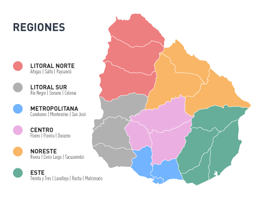 Mapa de Uruguay dividido por regiones