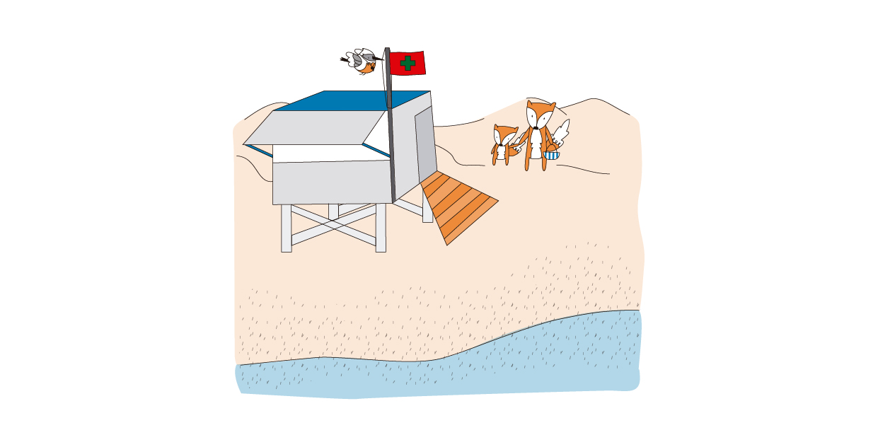 Imagen. Zorrito y su familia concurren a una playa y rápidamente distinguen que Calandria, en su función de guardavidas, está desplegando la bandera roja con una cruz verde en el centro que indica que hay riesgo sanitario.