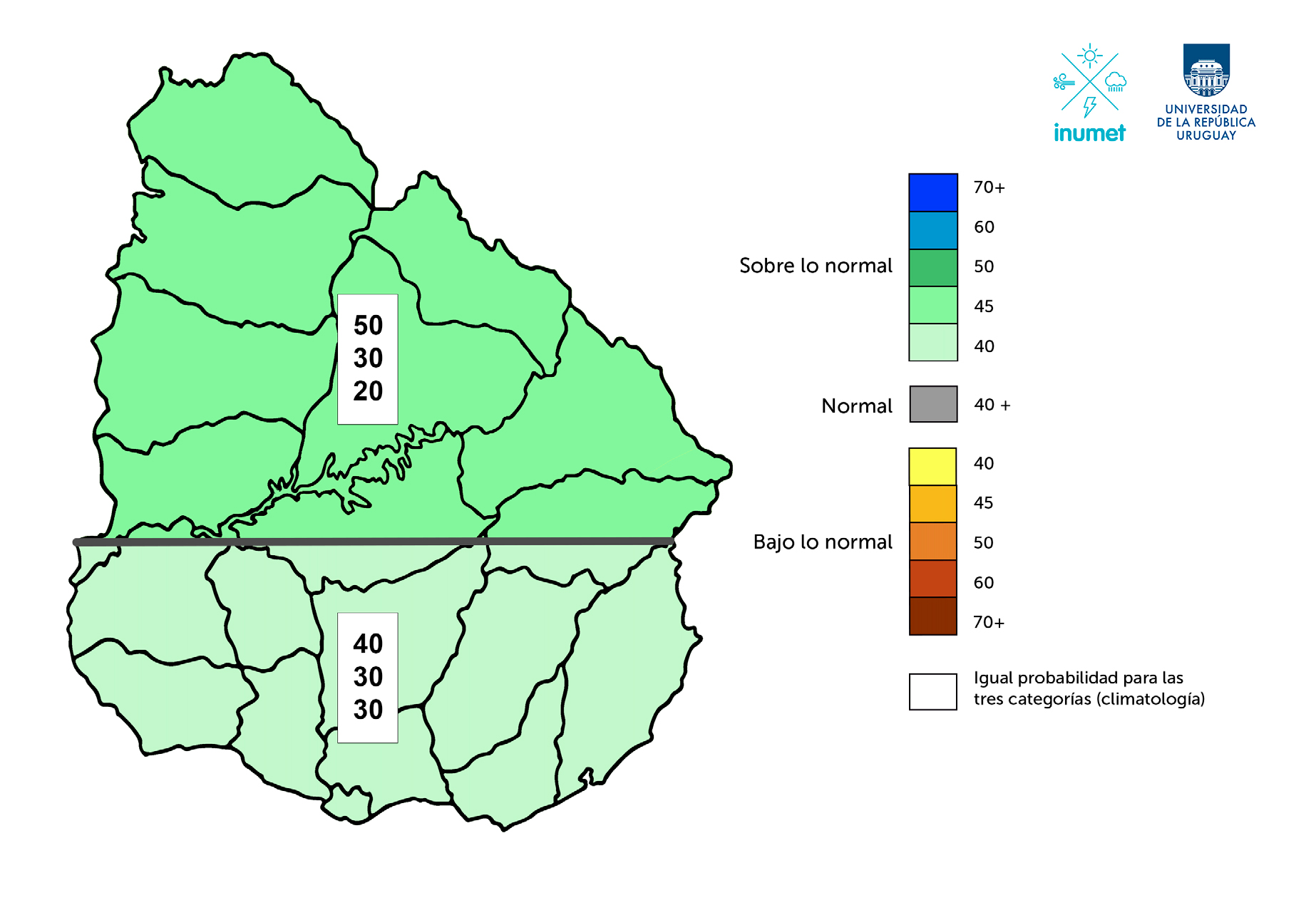 Probabilidades en porcentajes de los terciles de precipitación. Meses: octubre – noviembre – diciembre de 2026.