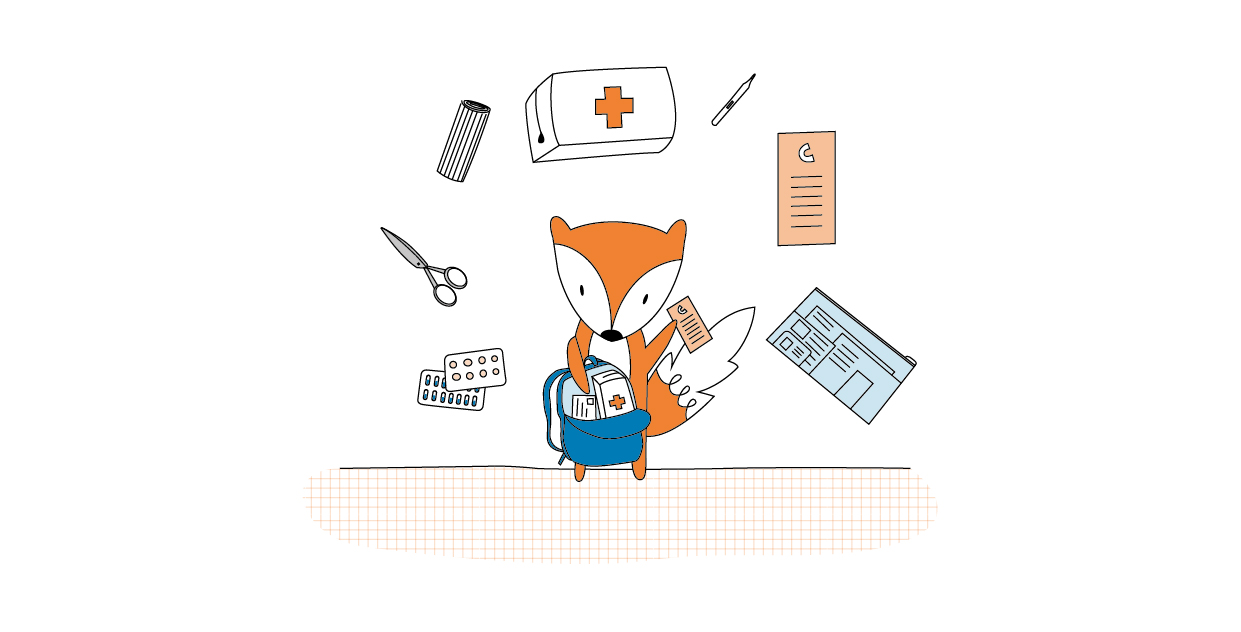 Imagen. Zorrito nos muestra su bolso de emergencias ya preparado. Tiene su documentación, medicamentos, un termómetro, tijera, botiquín y más elementos de primeros auxilios. 