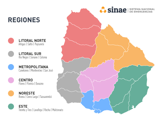 Mapa de Uruguay dividido en las 6 regiones que trabaja el Sinae