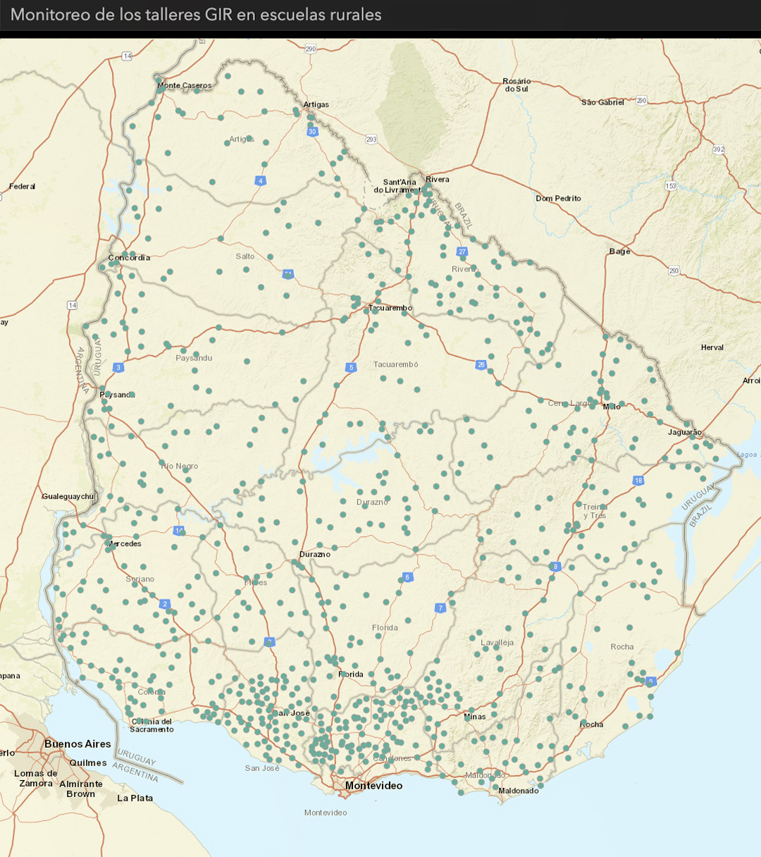 Mapa: distribución de escuelas rurales en las cuales el Sinae realizó talleres de GIR desde 2017