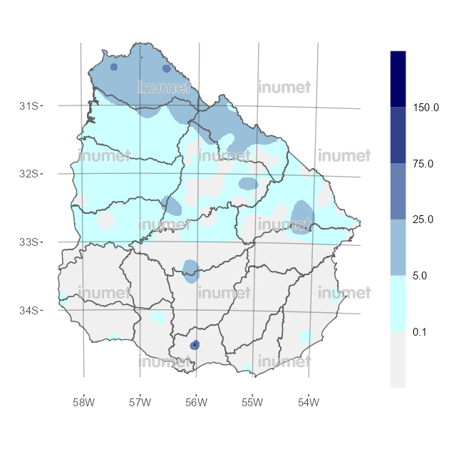 Mapa Mapa lluvia registrada entre las 07 horas del 02 de diciembre hasta las 07 horas de 03 de diciembre. Fuente Inumet