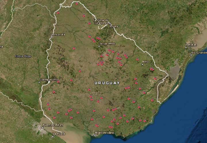 Mapa: distribución de tanques entregados por Sinae en escuelas rurales desde 2017