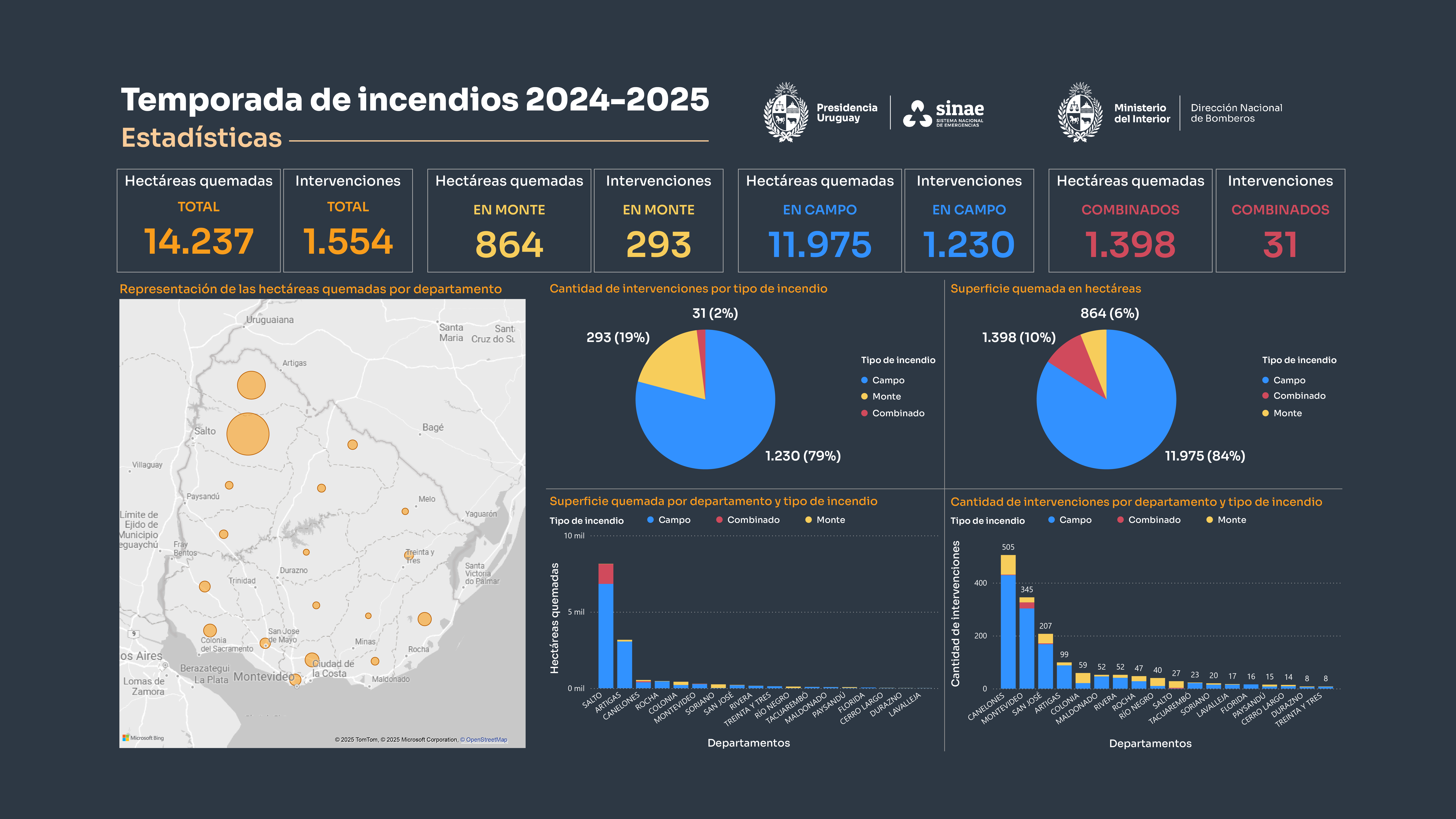 Tablero con la información de la temporada de incendios 2024-205 en formato gráfico