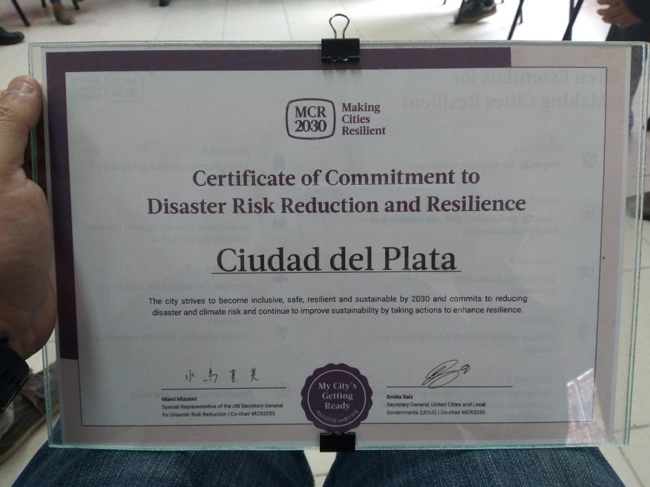 Certificado recibido por el municipio de Ciudad del Plata en el marco del proceso MCR2030