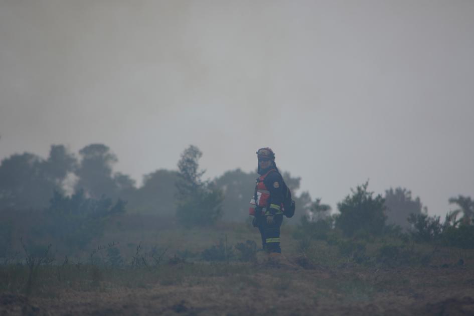 Bombero instructor durante el ejercicio final Bombero instructor durante el ejercicio final