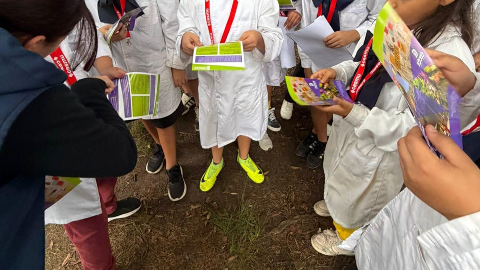 Fotografía de una actividad realizada en la Escuela N.º 100, donde representantes de la Defensoría difunden información sobre las actuaciones y servicios de la institución a niñas y niños.