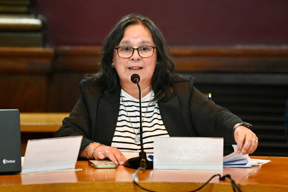 Una persona sentada con brazos sobre la mesa y hablando frente a un micrófono..