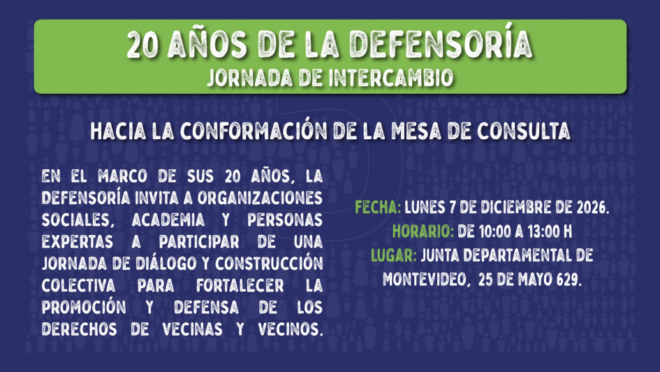Placa institucional azul con el texto “20 años de la Defensoría.”.