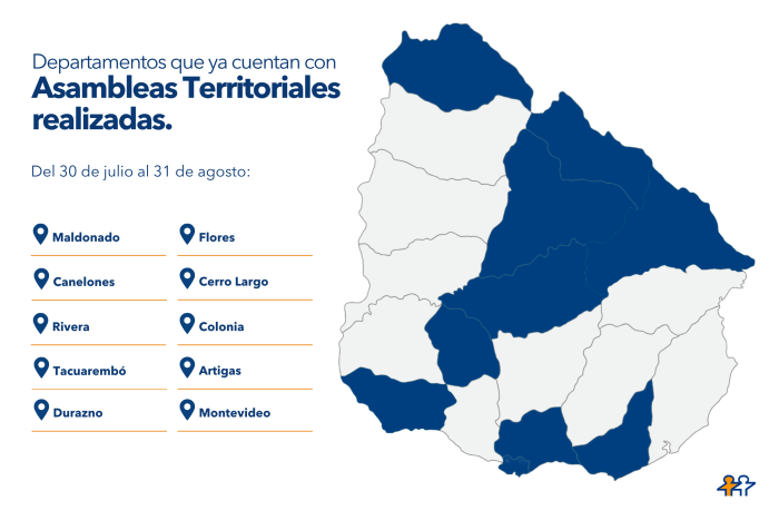 Mapa de Uruguay con los departamentos pintados de azul.