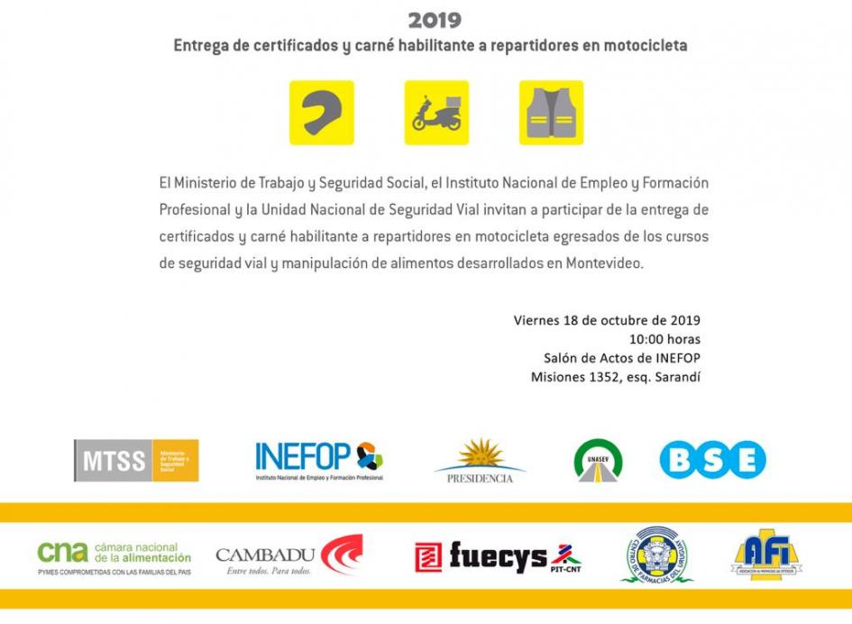 Invitación a entrega de Certificados de Repartidores en moto Invitación a entrega de Certificados de Repartidores en moto