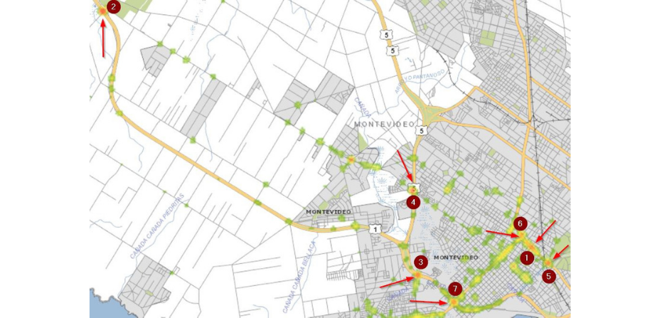 Mapa de Municipio A de Montevideo donde se señalan zonas de riesgo en el tránsito
