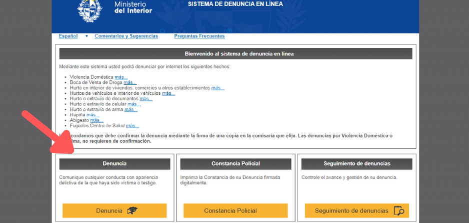 Imagen de pantalla de la sección "denuncia en línea" de la web del Ministerio del Interior