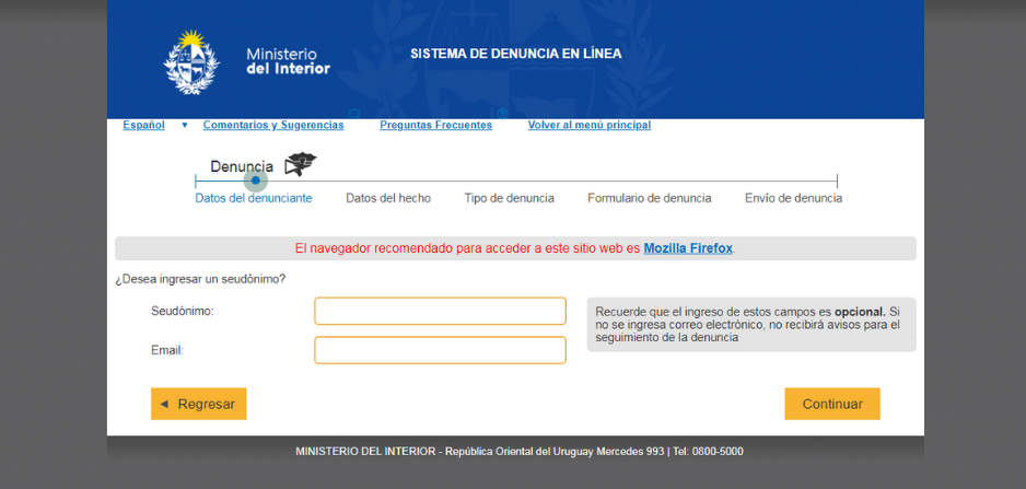 Imagen de la pantalla de la sección "denuncia en línea" de la web del Ministerio del Interior